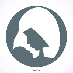 Young veiled Muslim woman with baby.  Icon Isolated on White Background. Flat style