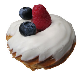 Digital illustration. Profiterole cake with white glaze, blueberries, raspberries. Food, restaurant, dessert, berry. Isolated on a white background.