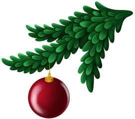 A branch of a Christmas tree with a red New Year's ball. Festive element isolated on white background. Plant, decoration.