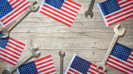 Happy Labor Day background banner greting card template - American flags and wrench working...