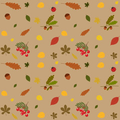 Autumn pattern illustration featuring fall foliage, rowan, acorn and ladybug