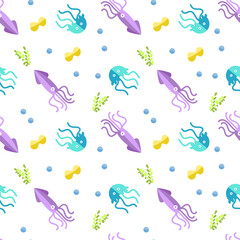 Colored sealife pattern with jellyfishes and squids Vector