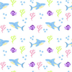 Fototapeta na wymiar Colored sealife pattern with sharks and fishes Vector illustration
