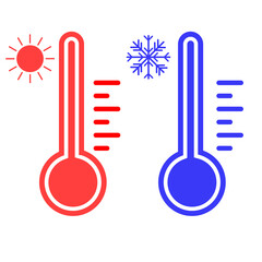 Meteorology thermometers icons. Hot and cold temperature. Vector illustration isolated on white background. Sun ans snowflake. 