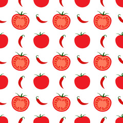 Red tomato and chilli peppers on a white background. Seamless background. Vegetable design for printing on textiles, packaging. Vector, illustration