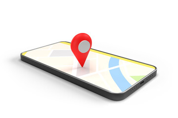 3D Render of Red Pointer Pin on the Map on Mobile Phone Screen - obrazy, fototapety, plakaty