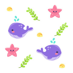 Colored sealife pattern with whales and seastars Vector