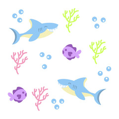 Colored sealife pattern with sharks and fishes Vector illustration