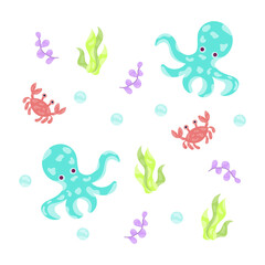 Colored sealife pattern with octopuses and crabs Vector