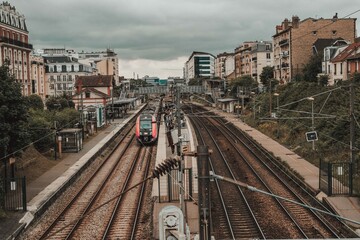 Fototapeta premium Paris, France 01-07-2021: the arrival of the train at the Garenne colombe station
