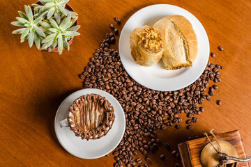 Delicious Classic Meat Sandwich Bakery with a Beautiful Coffee over a wooden table