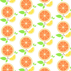 Seamless citrus pattern. Grapefruit, orange, lemon and green leaves. Summer background. Vector illustration
