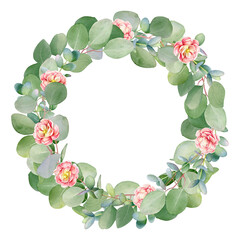 Round frame with watercolor eucalyptus branches and flowers