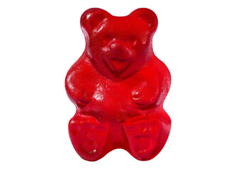 Gummy bear. Red Jelly gummy bears. Sweet gelatin candy. Favorite Children's sweets. Delicious dessert from colored sugar. Super Macro high resolution food photo. Isolated white background.