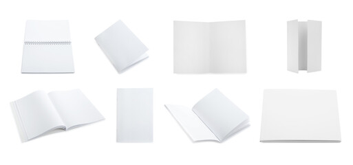 Set with blank paper brochures on white background. Mockup for design