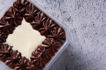 Chocolate cake in the pot for delivery. Top view. Copy space.