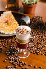 Delicious Layered Cappuccino Coffee Drink Cinnamon Chocolate Caramel Breakfast On Wooden Table Baker Bakery