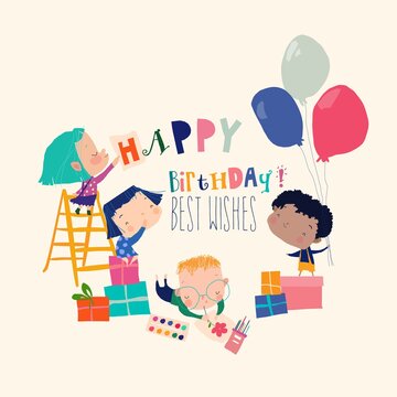 Card with Cute Cartoon Children celebrating Birthday