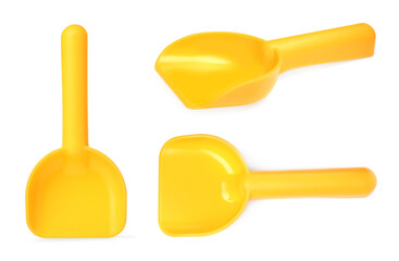 Yellow plastic toy shovels on white background, collage