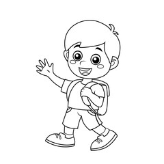Boy with school bag. Back to school concept. Black and white vector illustration for coloring book