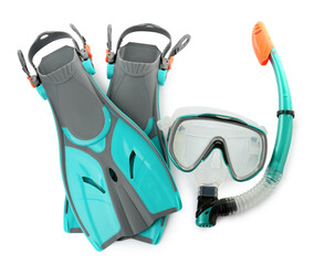 Pair of turquoise flippers and mask on white background, top view