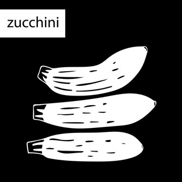 A set of vector images of zucchini on a black background in black and white colors. Summer vegetables