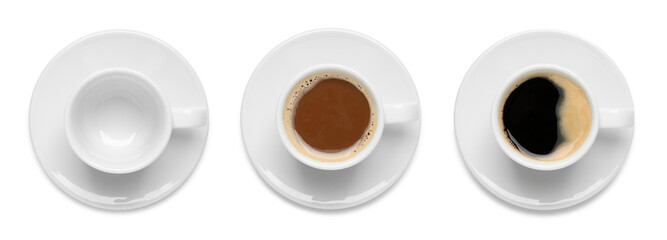 Set with cups of hot aromatic coffee on white background, top view. Banner design