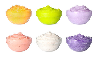 Set with different body scrubs in bowls on white background