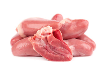 Chicken hearts raw isolated on white background. Fresh chicken broiler hearts. Close up.