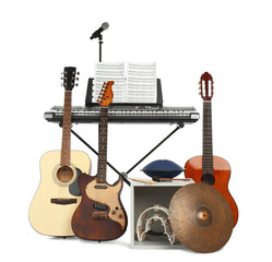 Set of different musical instruments and microphone