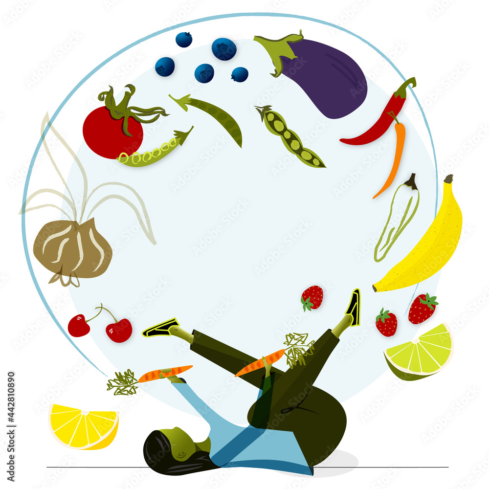 Wall mural Woman juggling, balancing a healthy food diet. Health, wellness, healthy lifestyle, nutrition, diet, fruits and vegetables. Vector illustration in flat style. Concept illustration.