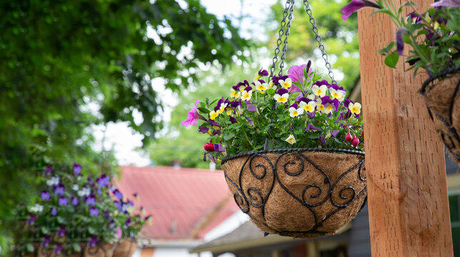 Beautiful spring floral basket hanging from a wooden post with the partial view of a red roof of a house in the background