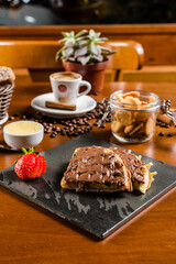 Delicious Chocolate Waffle Bakery Coffee Cinnamon Wooden Table Food High Res