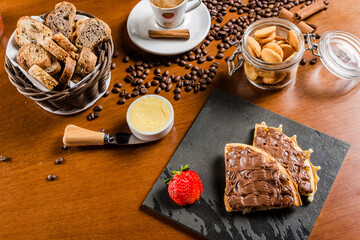 Delicious Chocolate Waffle Bakery Coffee Cinnamon Wooden Table Food High Res