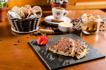 Delicious Chocolate Waffle Bakery Coffee Cinnamon Wooden Table Food High Res