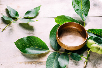 eco-friendly background. green leaves and a wooden bowl on the table.