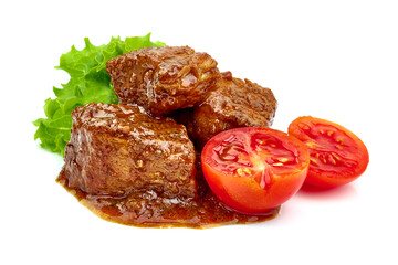 Meat stew, homemade goulash, isolated on white background. High resolution image.