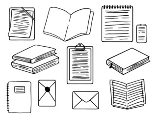 A set of vector illustrations drawn by hand in the doodle style. Books, notebooks, notebooks, envelopes.