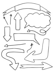 Vector set of hand-drawn arrows and speech clouds in the doodle style