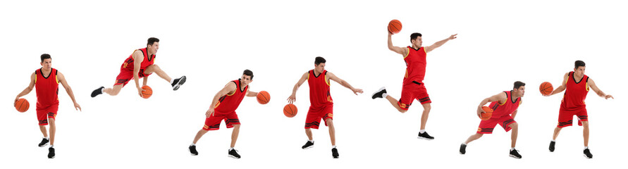 Naklejka premium Professional sportsman playing basketball on white background, collage. Banner design