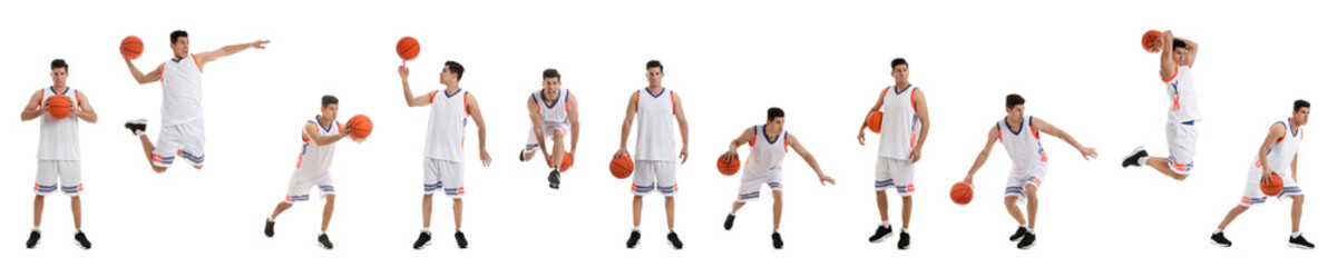 Professional sportsman playing basketball on white background, collage. Banner design - Powered by Adobe