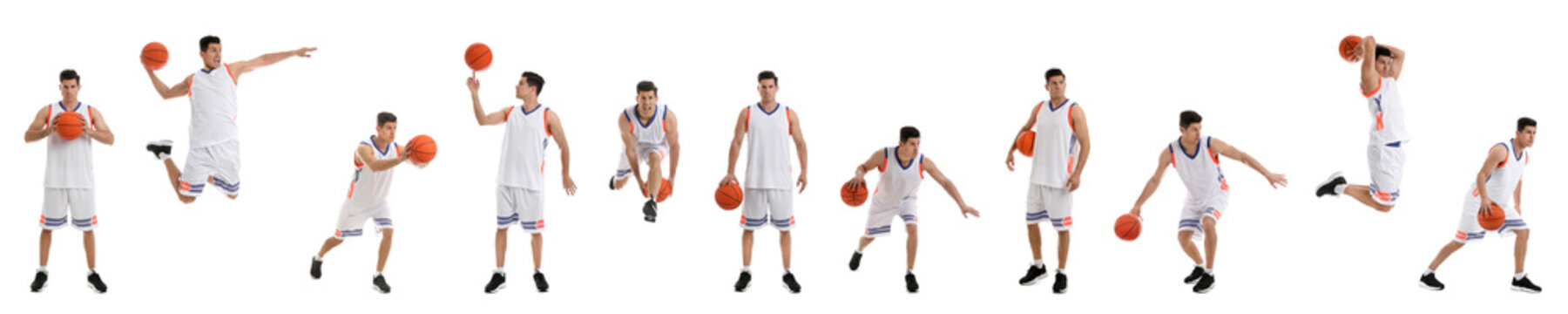 Professional Sportsman Playing Basketball On White Background, Collage. Banner Design