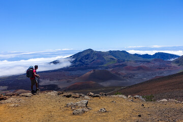 Fototapeta premium Hiking in the crater / Dormant volcano, Haleakala National Park, Maui island, Hawaii