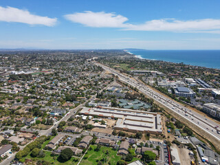 Aerial view of Encinitas with highway and ocean on the background in San Diego, South California,...
