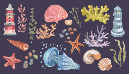 
lighthouse shells sea seamless pattern travel beach watercolor illustration hand drawn print textiles vintage retro set cartoon ocean realistic sketch
