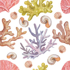 corals shells sea travel summer beach watercolor seamless pattern illustration hand drawn print textiles vintage retro ocean coral reef underwater life  isolated elements on white background sketch 
