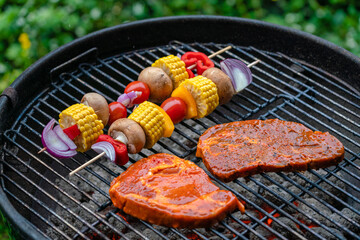 Colorful vegetable skewers with steaks on a charcoal grill during a barbecue party.