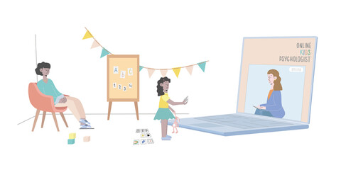 Online psychological counseling with children concept. Psychologist and her small patient are having video call using modern technology app, laptop