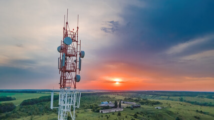 Telecommunication tower of 5G technology at sunset. Base Station or Transceiver Station telecom....