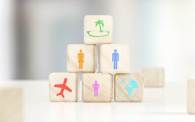 holiday vacation travel symbols on wooden cubes 3d render illustration modern design abstract visualziation holiday family flight travel concept wallpaper